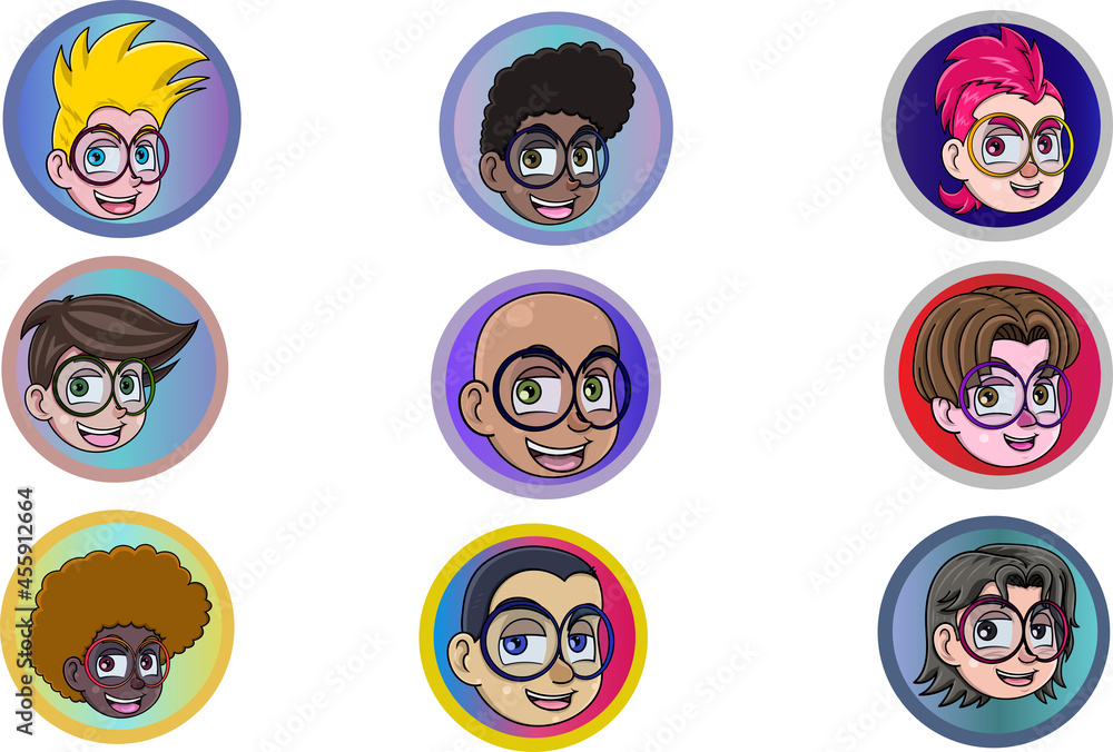 Heads for social media profiles, boys in different styles Heads for social media profiles, boys in different styles