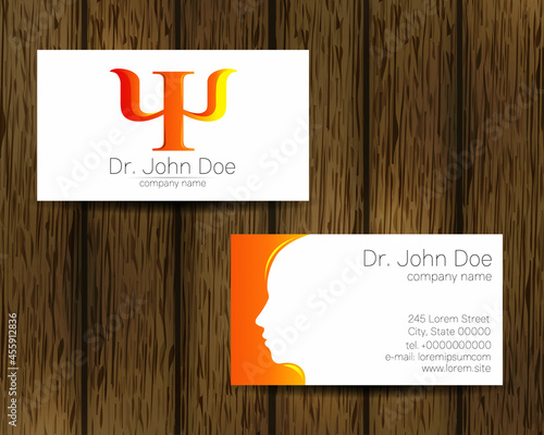 Psychology Vector Business Visit Card with Letter Psi Psy Modern logo Creative style in Orange Color on tree Background. Human Head Profile Silhouette Design concept. Brand company Set