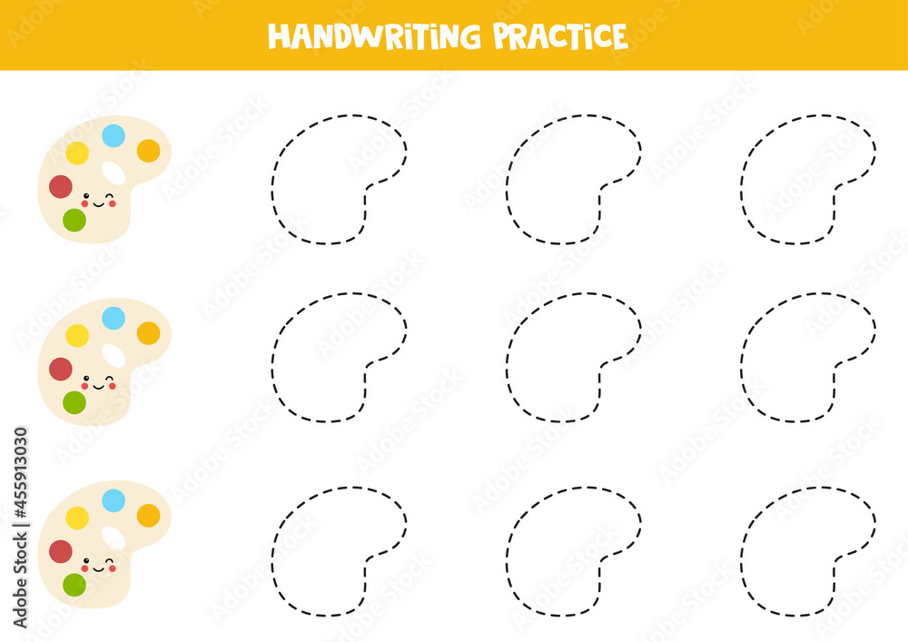 Tracing lines with cute artistic palettes. Writing practice. Tracing lines with cute artistic palettes. Writing practice.