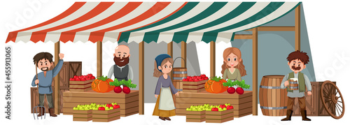 Medieval villagers at fruit store on white background