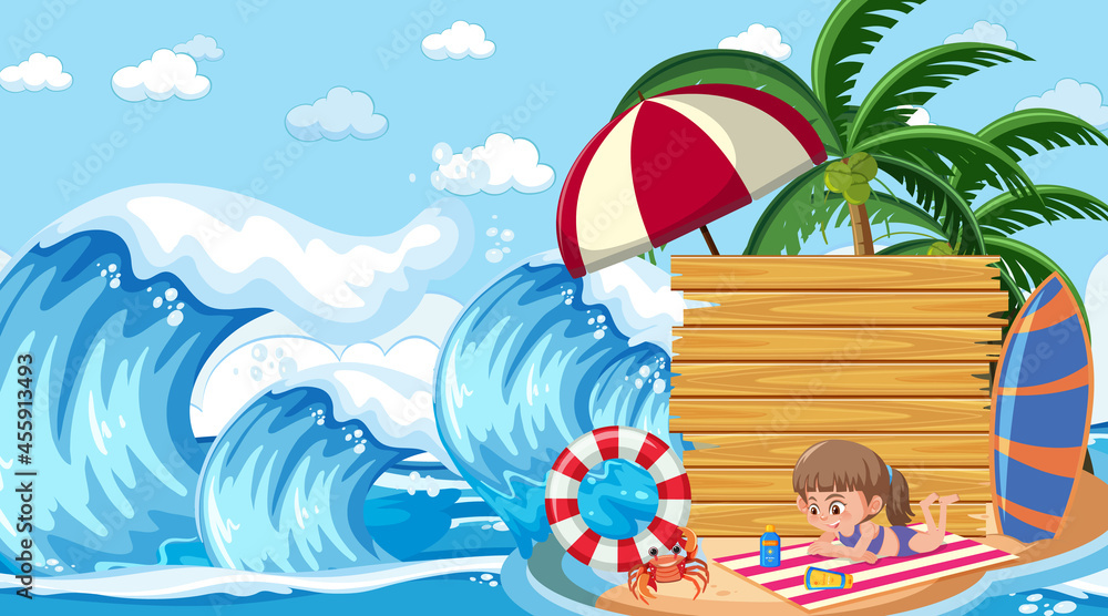 Fototapeta premium Empty banner template with kids on vacation at the beach daytime scene