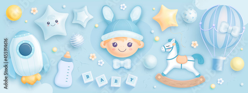 Hand drawn baby boy shower set. Realistic vector illustration of cartoon baby boy, helium balloons, rocket, hot air balloon and flowers isolated on blue background