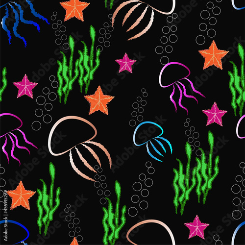 seamless pattern jelly fish with star fish  bublbe seaweed