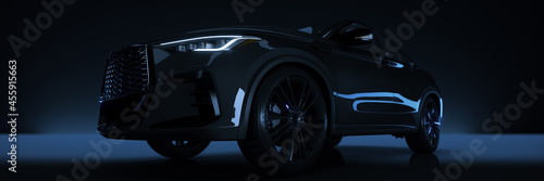 Sports car studio setup on a dark background. 3d rendering