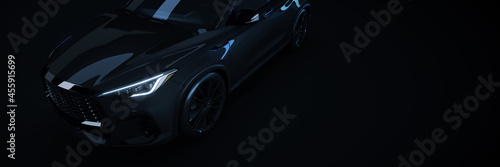 Sports car studio setup on a dark background. 3d rendering