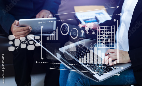 ntelligence (BI) and business analytics (BA) with key performance indicators dashboard concept.StartUp Programming as Fintech concept.Business team meeting. Photo professional investor photo