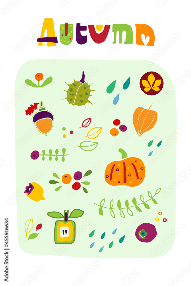 Lettering autumn. Unique handwritten lettering. And images of leaves, berries, branches, pumpking, acorn, apple, chestnut, physalis. Lettering autumn. Unique handwritten lettering. And images of leaves, berries, branches, pumpking, acorn, apple, chestnut, physalis.