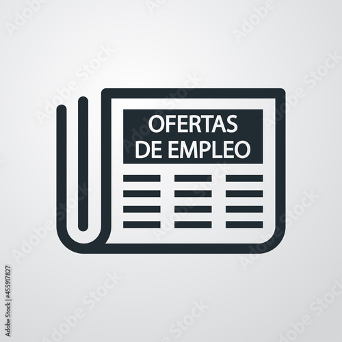 Logotipo con texto OFERTAS DE EMPLEO en español con silueta de periódico con lineas en fondo gris