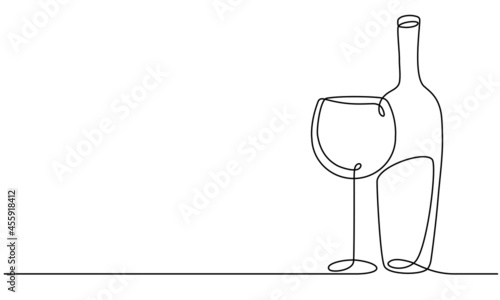 Wine glass and bottle of wine. Vector. Continuous line drawing