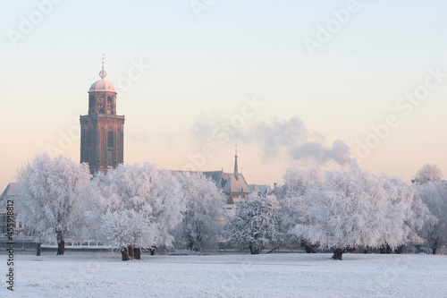 The tower of the Great Church in Deventer, the Netherlands, above trees covered with frost in winter
