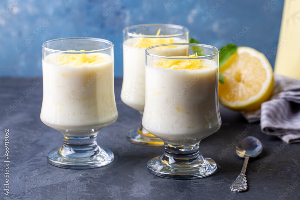 Traditional Delicious Turkish dessert; Lemon rice pudding (Turkish name; Limonlu Sutlac) Traditional Delicious Turkish dessert; Lemon rice pudding (Turkish name; Limonlu Sutlac)