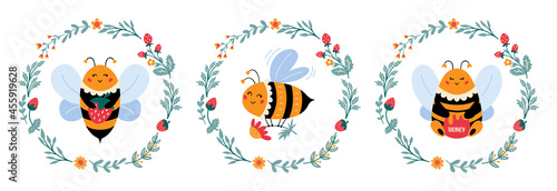 Bee vector set in cartoon style Cute bumblebee