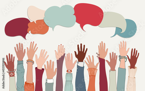 Agreement or affair between a group of colleagues or collaborators. Diversity people co-workers who collaborate. Raised arms and hands with speech bubble.Communication concept.Community