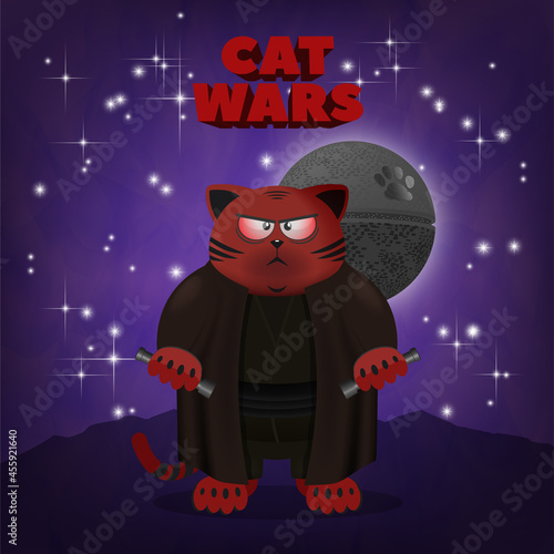 Cartoon fat red disgruntled angry puss with handles of swords. Military space spherical combat station with a paw. Red 3D inscription cat wars on the background of the starry cosmic sky