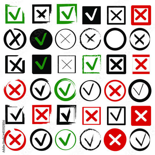 Red cross icon. Green mark icon. Color checklist mark set. Choice symbol set. Vector illustration. Stock image. EPS 10.