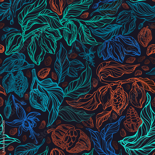 Cacao seamless pattern. Dark chocolate. Vector