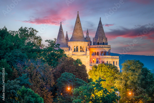 Fishermans bastion in Budapest Hungary. 
Unique perspective about a famous tourist attraction in in Buda castle. Autumn mood photo what I macde in september. photo