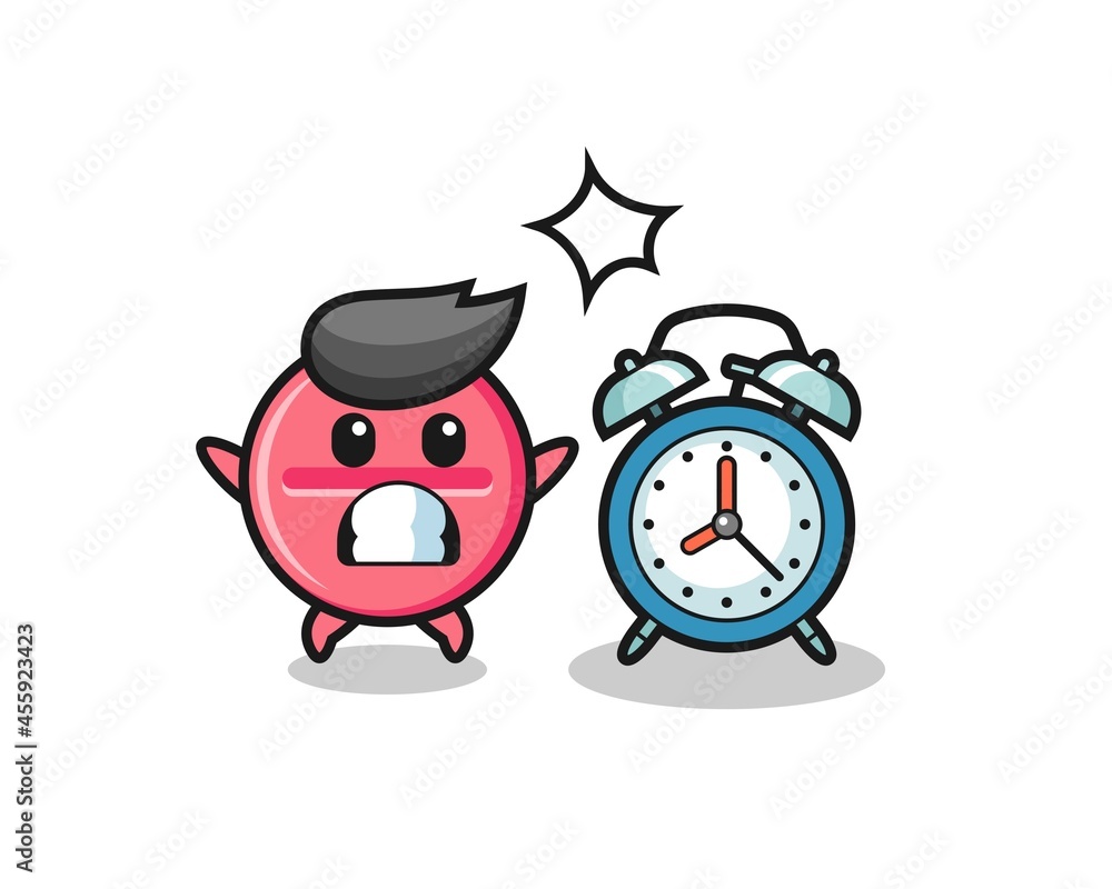 Cartoon Illustration of medicine tablet is surprised with a giant alarm clock Cartoon Illustration of medicine tablet is surprised with a giant alarm clock