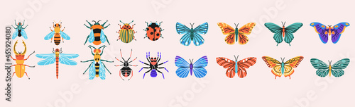 Insects simple elements collection. Meadow bugs and beetles flat isolated set. Different flies in trendy flat design.