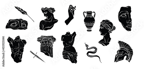 Set of antique marble statues with broken elements. Greek classic ancient of Venus, amphora. Modern tattoo and logo. Hand drawn mythical trendy Vector