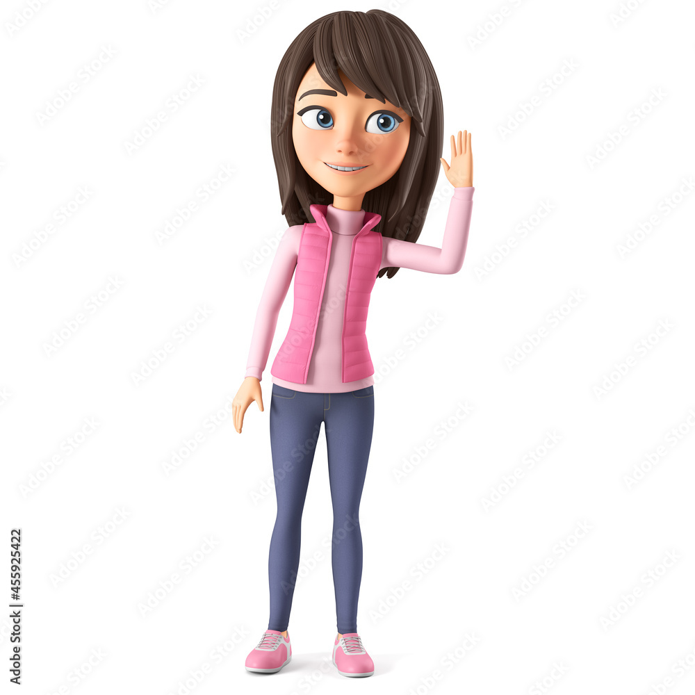 Character cartoon beautiful girl in a pink jacket overhears. 3d render illustration. Character cartoon beautiful girl in a pink jacket overhears. 3d render illustration.