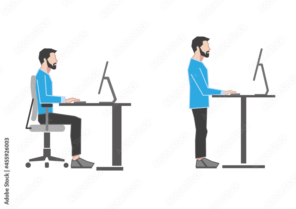 Correct sitting and standing at desk position Correct sitting and standing at desk position