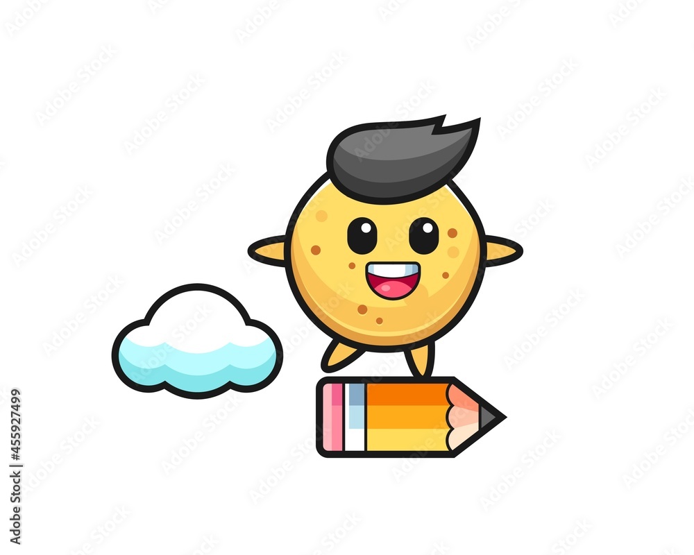 potato chip mascot illustration riding on a giant pencil