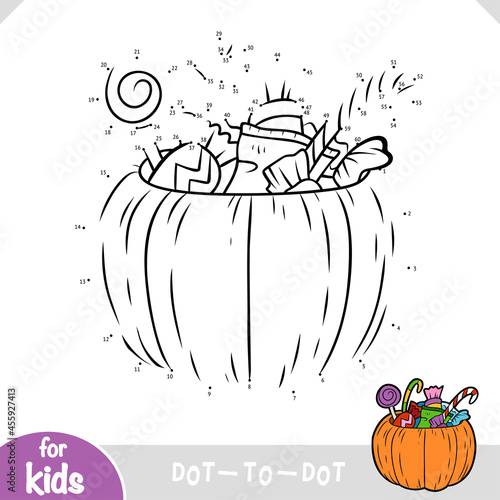 Numbers game, education dot to dot game for kids, Halloween pumpkin with sweets