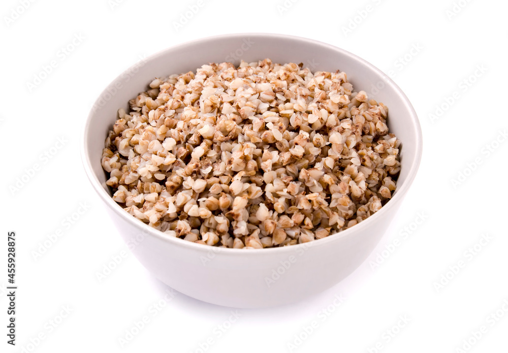 Boiled buckwheat on a white background Boiled buckwheat on a white background