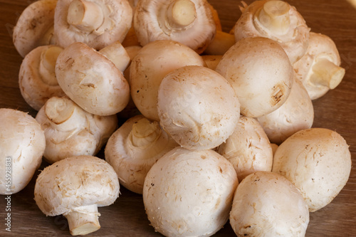 The fresh champignon mushrooms ready for cooking. A top view closeup of fresh mushrooms.
