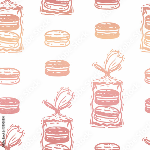 Vector Rose Gold Effect French Macarons Packaging on White seamless pattern background. Perfect for web design fabric, wallpaper and scrapbooking projects.