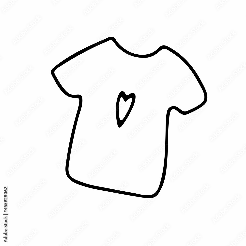 Doodle T-shirt with heart print. Outline clothes isolated on white background. Casual wear with cute decor. Symbol of love, Valentines Day, feelings. Romantic sketch sign. Vector kawaii illustration Doodle T-shirt with heart print. Outline clothes isolated on white background. Casual wear with cute decor. Symbol of love, Valentines Day, feelings. Romantic sketch sign. Vector kawaii illustration