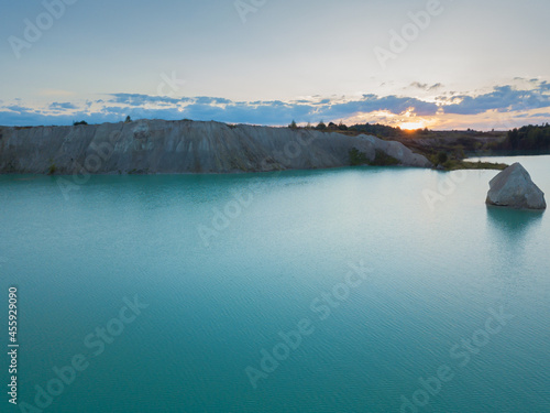 Drone view of a beautiful, amazing sunset on the chalk quarries in the summer near Krichev, Belarus
