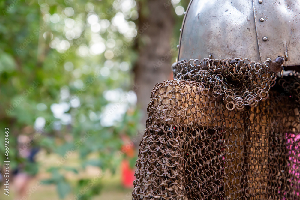 old rusty chain mail and helmet viking protection with copy space old rusty chain mail and helmet viking protection with copy space