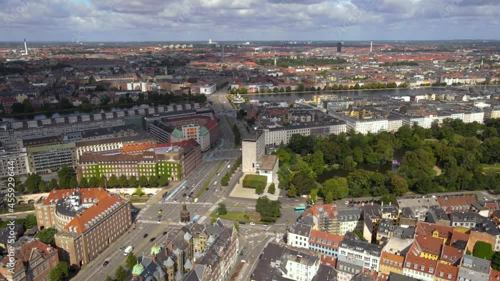 Beautiful cinematic aerial view of the of the city of Copenhagen Denmark and plazas , gardens Beautiful cinematic aerial view of the of the city of Copenhagen Denmark and plazas , gardens