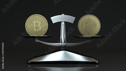 3d rendering of ancient scales on the bowls of which are coins of the bitcoin and dollar cryptocurrencies. The scales are in balance. The idea of cooperation and consent.