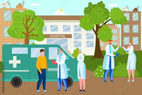 Professional specialist doctor character together stand near with ambulance car flat vector illustration, medical hospital build.
