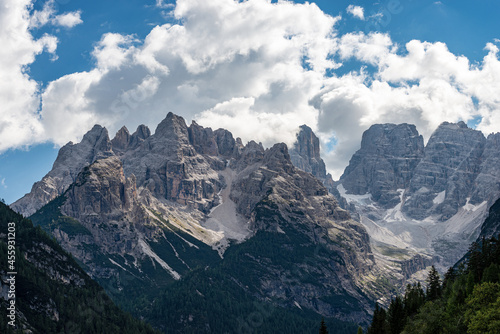Mountain peak of Monte Cristallo, north face 3221 m., in the sexten Dolomites near Cortina d'Ampezzo (Dolomiti Ampezzane), UNESCO world heritage site, Veneto and Trentino-Alto Adige, Italy, Europe.