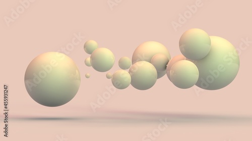 3d rendering of an abstract background of many white balls, spheres of different sizes. Geometric composition, beautiful arrangement of objects in space.
