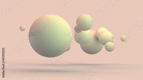 3d rendering of an abstract background of many white balls, spheres of different sizes. Geometric composition, beautiful arrangement of objects in space.
