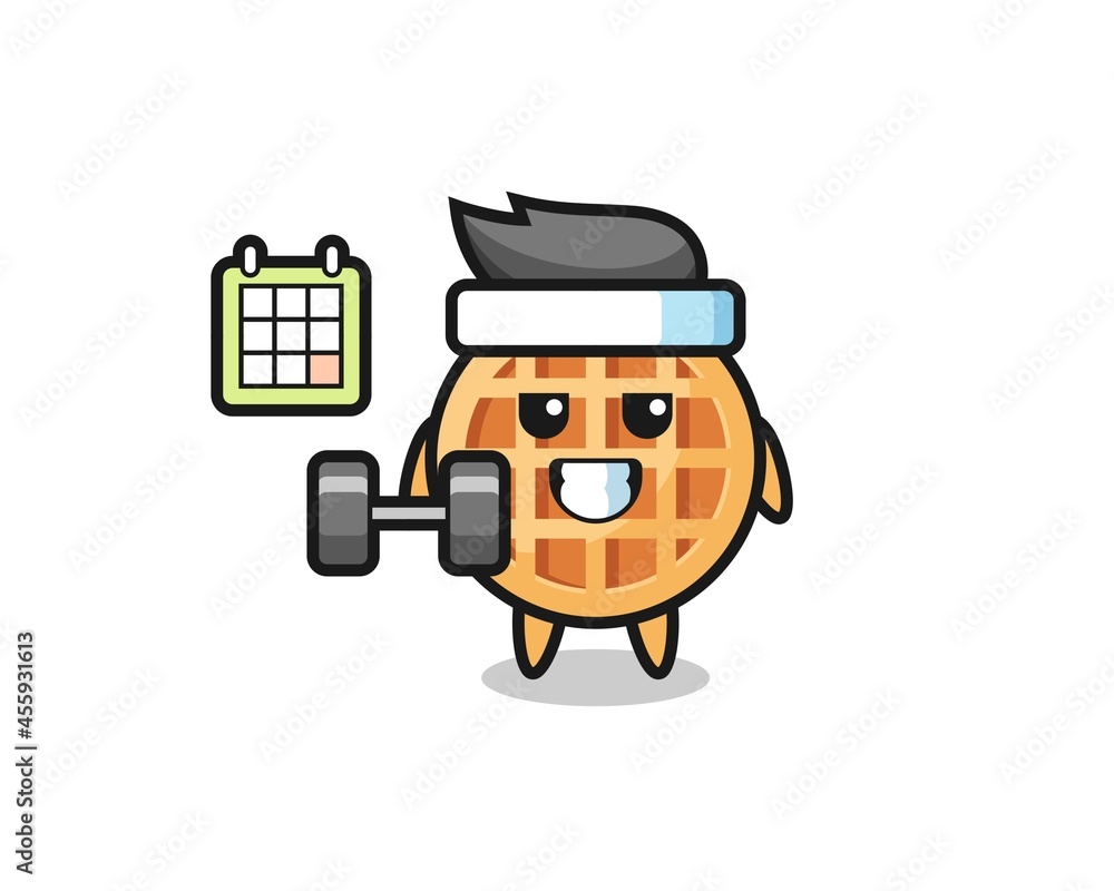 circle waffle mascot cartoon doing fitness with dumbbell
