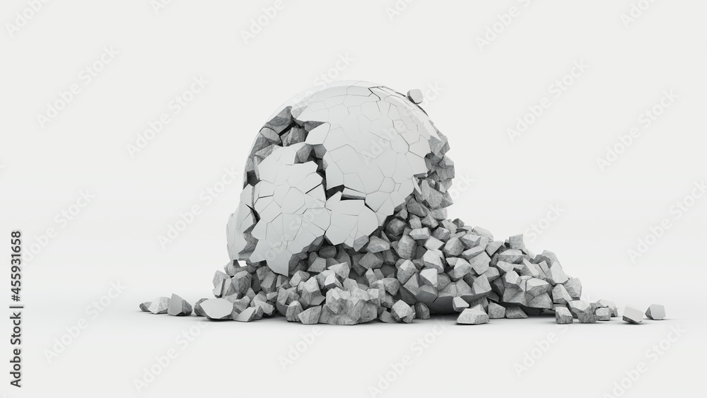3d rendering of a white destroyed into many fragments. Isolated image on a white background. The idea of collapse, catastrophe, the end of the world, entropy. An illustration of the economic crisis. 3d rendering of a white destroyed into many fragments. Isolated image on a white background. The idea of collapse, catastrophe, the end of the world, entropy. An illustration of the economic crisis.