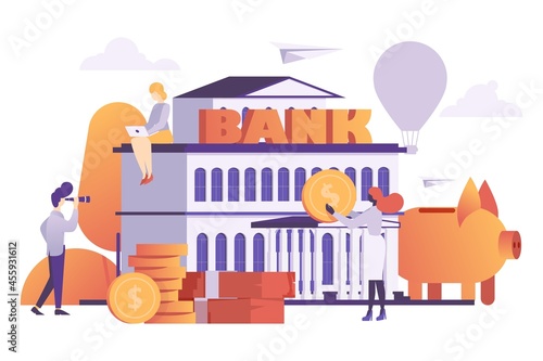 Bank financial system, tiny worker business people character, woman work laptop and male watch spyglass flat vector illustration, isolated on white.