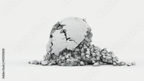 3d rendering of a white destroyed into many fragments. Isolated image on a white background. The idea of collapse, catastrophe, the end of the world, entropy. An illustration of the economic crisis.