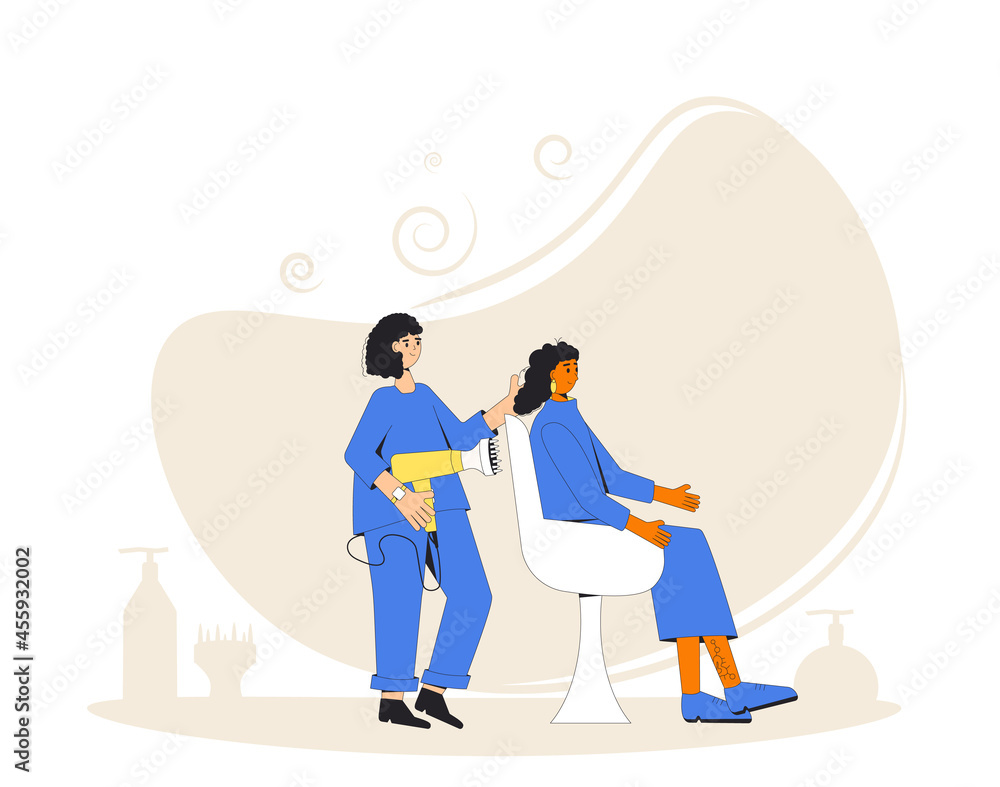 Hair salon. Hairstyle with hairdryer and duffuser nozzle. Hair salon. Hairstyle with hairdryer and duffuser nozzle.