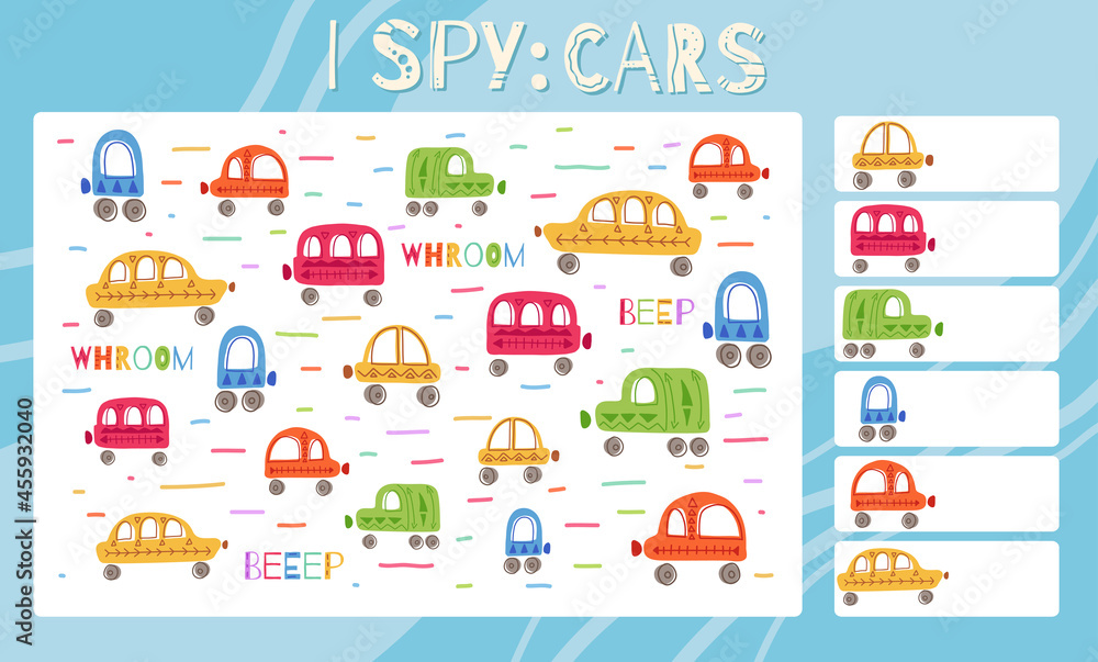 I spy game. Childrens educational fun. Count how many cars. Flat hand drawn automobile, van, machine and word. Vector template for preschool games. Education task sheet I spy game. Childrens educational fun. Count how many cars. Flat hand drawn automobile, van, machine and word. Vector template for preschool games. Education task sheet