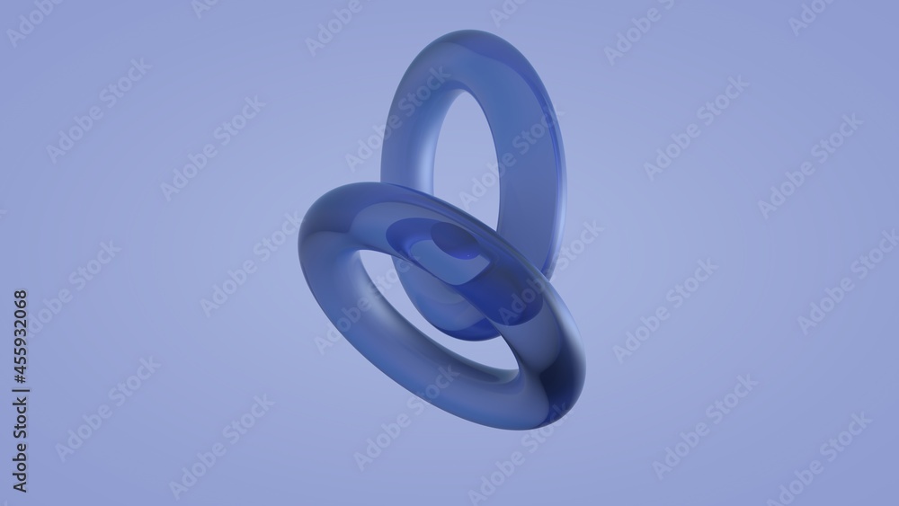 3d rendering of two glass rings and a sphere in space, on a blue background. Abstract composition of geometric shapes, the idea of balance and interaction, color harmony. 3d rendering of two glass rings and a sphere in space, on a blue background. Abstract composition of geometric shapes, the idea of balance and interaction, color harmony.