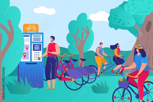 Parkland bicycle rental, healthy lifestyle people character together sport activity flat vector illustration, rental automatic machine.