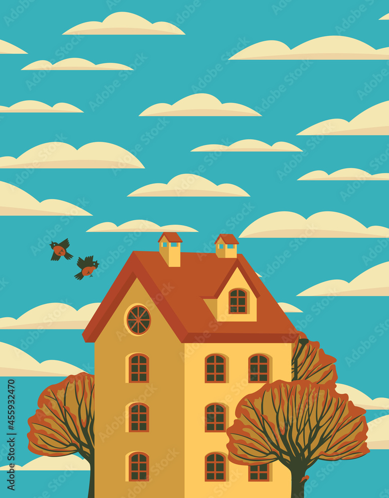 Childish autumn landscape with yellow three-storey house, fall trees, a pair of birds and clouds in the blue sky. Decorative vector illustration in cartoon style