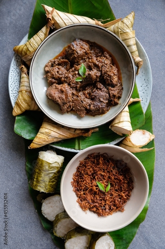 Popular food for breaking fast during Ramadan. Ramadan Food. Food like lemang, ketupat palas, beef and chicken rendang and serunding are commonly eaten together